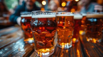Multiple glasses of beer with varying colors and foam levels are lined up on a wooden table