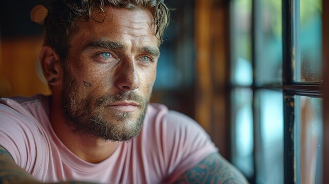 Man with tattoos and blue eyes gazes pensively through a window from a dimly lit room