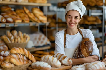 Fotobehang A friendly young saleswoman with a smile offers fresh bread in a modern bakery with wooden accents, the concept of advertising and marketing of the bakery, © Наталья Лазарева