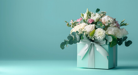 cute flower gift box with a bow with brassica,trachelium,dianthus,eucalyptus,lisianthus,sedum,dahlia,turquoise background,copy space,floristry concept,greeting and festive materials,floral design