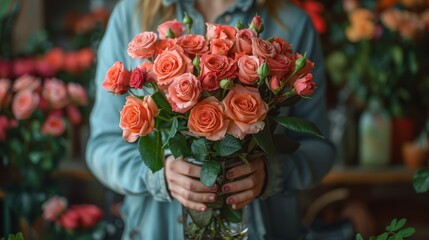Person holding a large bouquet of pink and orange roses, standing in a flower shop