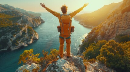 Person in orange stands on a cliff, arms wide, overlooking a breathtaking, sunlit coastal landscape - obrazy, fototapety, plakaty