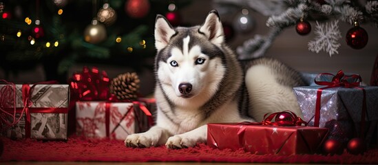 A carnivorous Canidae terrestrial animal, a husky dog with fur is lying next to a Christmas tree and presents. It is a companion dog breed, with a snout