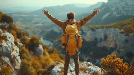 Person with a backpack stands with outstretched arms, overlooking a vast mountainous landscape, feeling triumphant - obrazy, fototapety, plakaty
