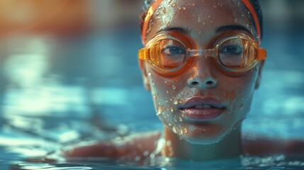 Person wearing orange goggles is partially submerged in water, with droplets on their face
