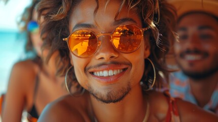 Person wearing reflective sunglasses smiles brightly with other happy individuals faintly visible in the background