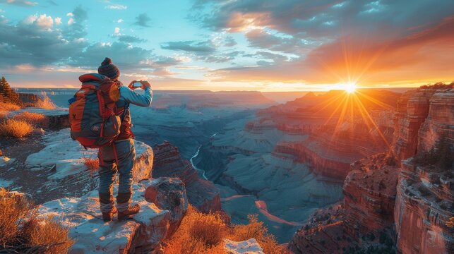 Person stands on a cliff taking photos of a breathtaking sunset over a canyon