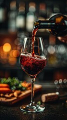 Pouring red wine into a glass, with a blurred background of a bar and snacks