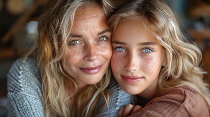 Obraz premium Portrait of a woman and a young girl with freckles, sharing a close and affectionate moment