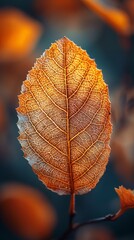 Single leaf with intricate veins is in focus against a bokeh background of warm hues