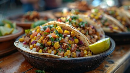 Sizzling platter of tacos filled with grilled meat, corn, diced tomatoes, onions, and fresh cilantro