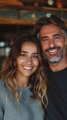 Smiling man and woman posing closely together, both with brown hair, in a cozy interior