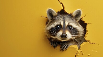 A raccoon peeking out of a shattered hole in the wall, eyes wide with surprise, on a clear yellow render background.
