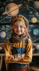 Obraz premium Smiling child wearing a crown and scarf stands before a chalkboard with drawn planets