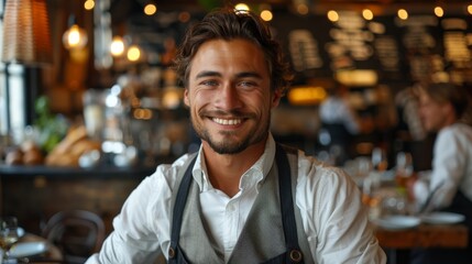 Smiling man in a vest and white shirt seated in a cozy, bustling restaurant setting