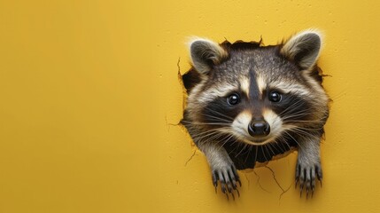 A raccoon, eyes wide with surprise, peeked from a shattered hole on a clear yellow render background. - obrazy, fototapety, plakaty