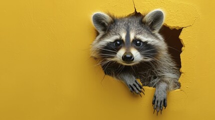 A raccoon with wide eyes peeks from a hole in the wall against a clear yellow render background.