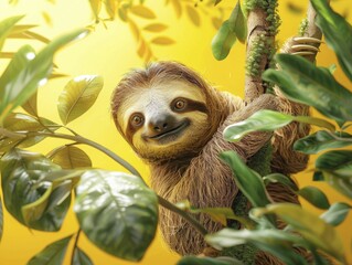 Fototapeta premium A sloth slowly descending from a torn rainforest canopy picture, eyes wide in slow motion astonishment, on a clear yellow render background.