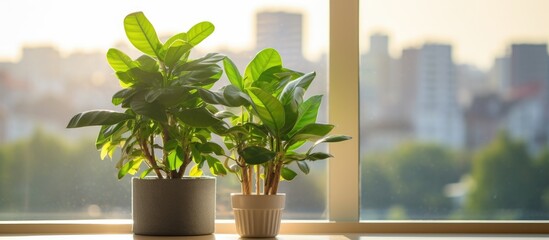 Two houseplants in flowerpots rest on a windowsill in a building, adding a touch of greenery to the indoor space. The terrestrial plants bring life to the wooden fixture - obrazy, fototapety, plakaty
