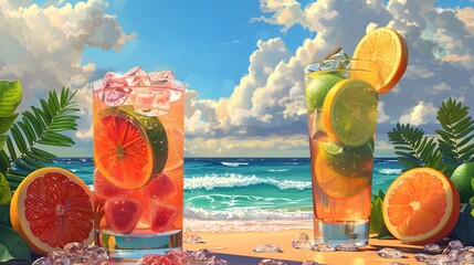 Still life illustration concept for leisure and summer holidays. Fresh tropical fruits cocktail and...