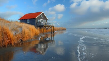 Stilted blue house with a red roof stands by a beach with reflective water