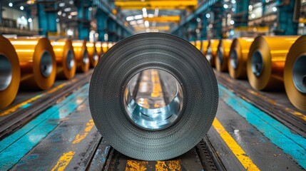 Steel coil is centered on an industrial floor, with several coils lined up in the background - obrazy, fototapety, plakaty