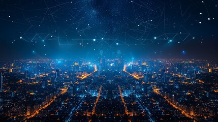 Sprawling city at night illuminated by lights under a starry sky with digital network overlay