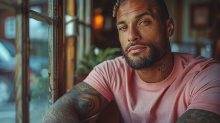 Tattooed man in a pink shirt is sitting by a window, looking thoughtfully at the camera