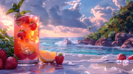 Still life illustration concept for leisure and summer holidays. Fresh tropical fruits cocktail and lemonade at the beach. - obrazy, fototapety, plakaty