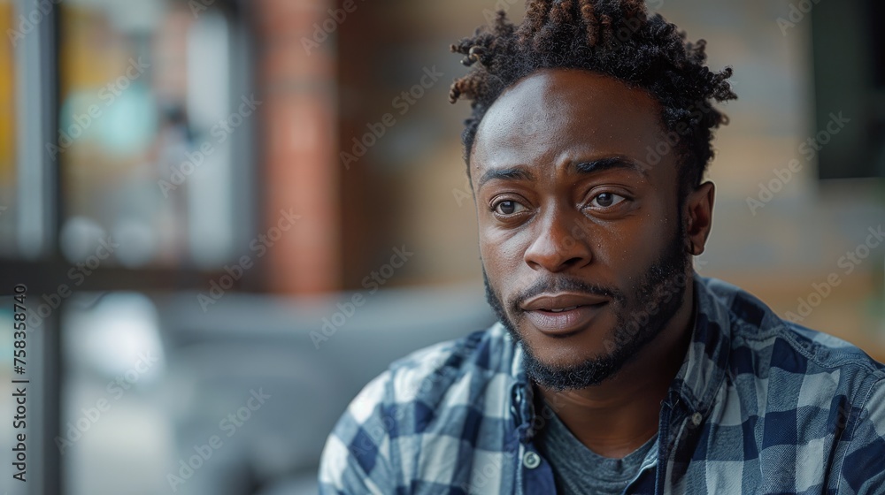 Canvas Prints Thoughtful man with dreadlocks wearing a checked shirt, sitting indoors with a blurred background