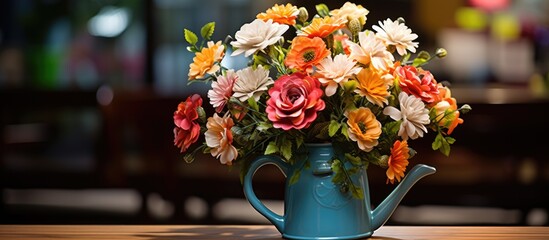 A flowerfilled watering can is displayed on a table, creating a beautiful centerpiece. The mix of...