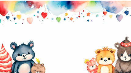 Naklejka premium An array of teddy bears, each a different hue, stands in a precise line, presenting a charming and colorful collective that evokes warmth and companionship. Banner. Copy space.