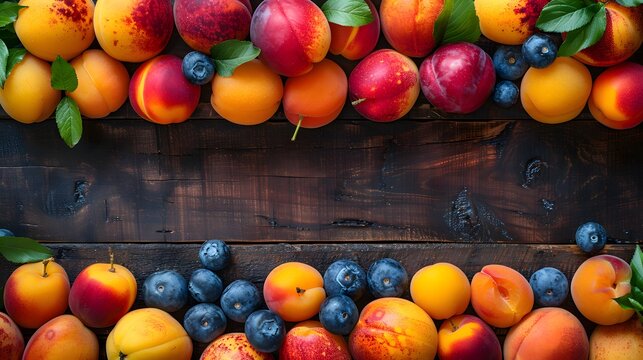 Stone fruits on wooden background. Yellow plums, apricots and nectarines