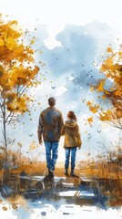 Obraz premium Two people walking together through a picturesque autumn landscape with vibrant yellow leaves and blue skies