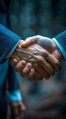 Two people wearing business suits are engaging in a firm handshake against a blurred background