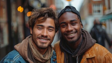 Two smiling men posing for a photo on a busy street with blurred background lights - obrazy, fototapety, plakaty