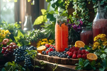 Fotobehang A vibrant and refreshing herbs and fruits juice in a clear glass, surrounded by fresh herbs and fruits, symbolizing a health food concept and healthy eating lifestyle © Evhen Pylypchuk