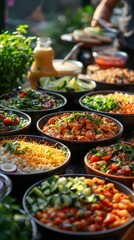 Fototapeta premium Various colorful dishes are arranged on a table, likely at an outdoor food market or event