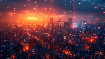 Vibrant, futuristic cityscape at night, bathed in red light, with skyscrapers and falling stars
