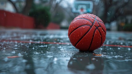 Wet basketball rests on a rainy outdoor court with droplets glistening, conveying a paused game - Powered by Adobe