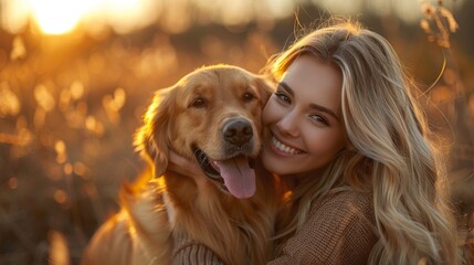 Woman and a golden retriever dog are happily posing together in a sunlit golden field