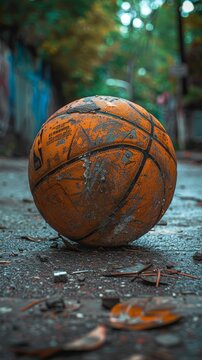 Weathered basketball sits on a gritty surface, colors pop against a blurred urban backdrop