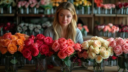Woman gazes thoughtfully surrounded by vibrant bouquets of roses in shades of pink, orange, and white
