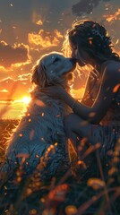 Woman and her dog share a tender moment in a field during a stunning sunset