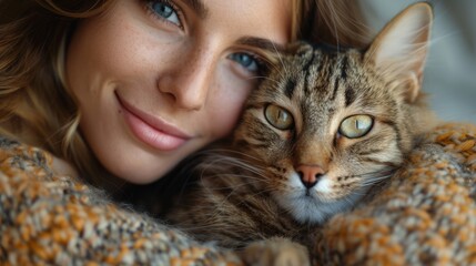 Woman with blue eyes smiling closely with a tabby cat wrapped in a cozy blanket