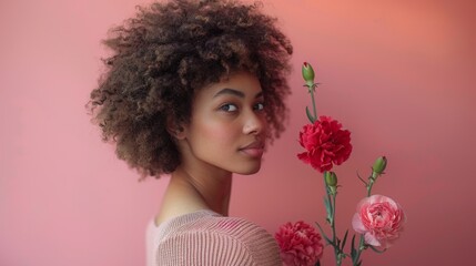 Woman with curly hair looking over her shoulder, near vibrant pink flowers against a red background - Powered by Adobe