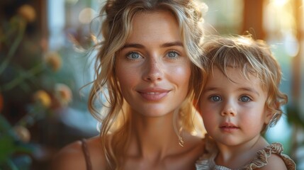 Woman with blue eyes and a young child with brown eyes are smiling, warm lighting