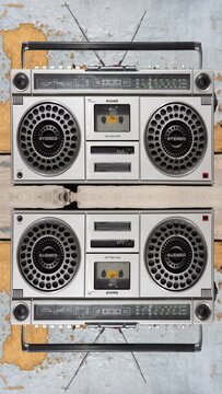 retro ghetto blaster boombox with changing urban backgrounds in vertical