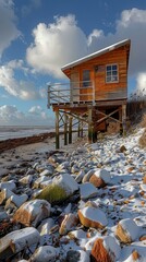 Wooden stilt house by a snowy beach under a blue sky with fluffy white clouds