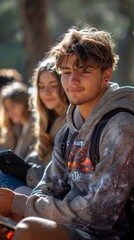 Young man wearing a hooded jacket sits outdoors, accompanied by others slightly out of focus
